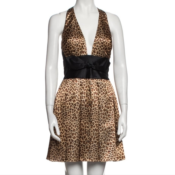 Jovani Silk Mini Dress Cocktail Cheetah Animal Print Black Y2K Vintage Size 6 - Picture 1 of 14